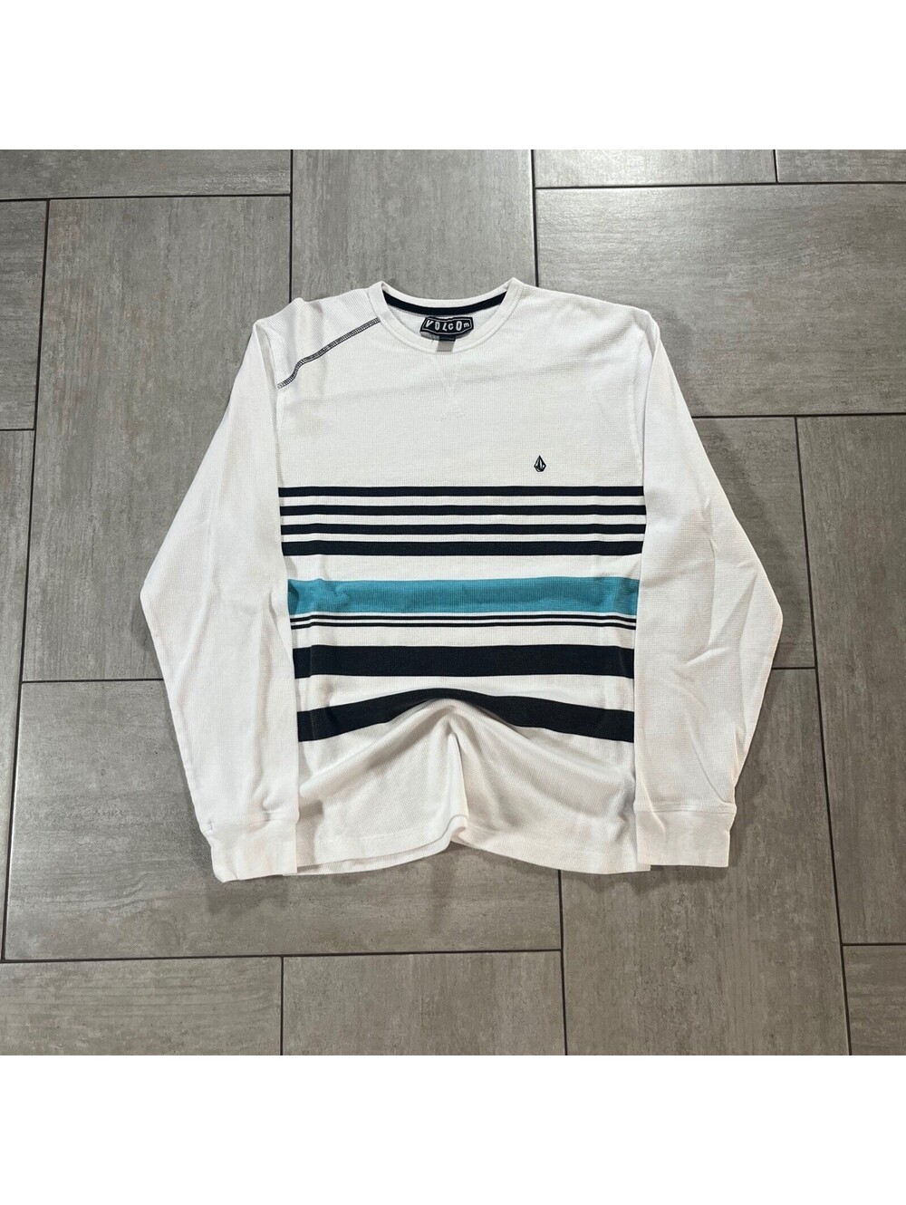 Volcom Mens Thermal Waffle Knit Long Sleeve Striped Shirt White XL LS0168